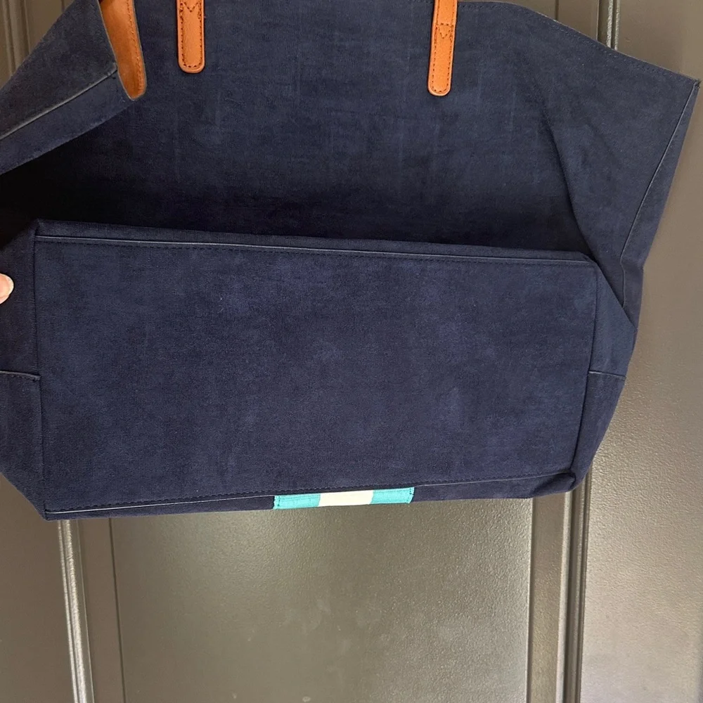 Neiman Marcus Navy Faux Suede and Tan Tote with Aqua Stripe NWOT